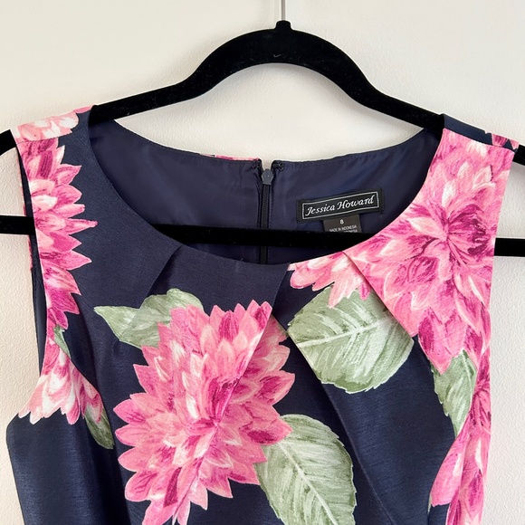Jessica Howard Cocktail Dress Navy Floral Print Sleeveless Scoop Neck Size 8 - Picture 5 of 15